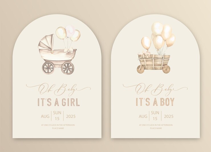 Vector cute baby shower watercolor invitation its a girl its a boy card with baby stroller dress and balls