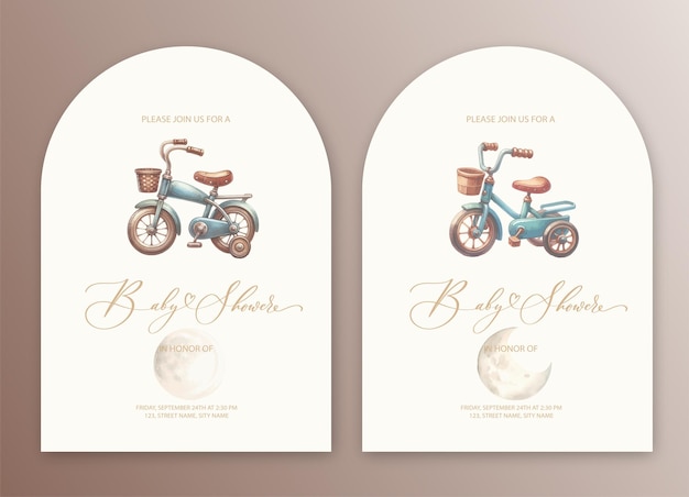 Cute baby shower watercolor invitation with bike