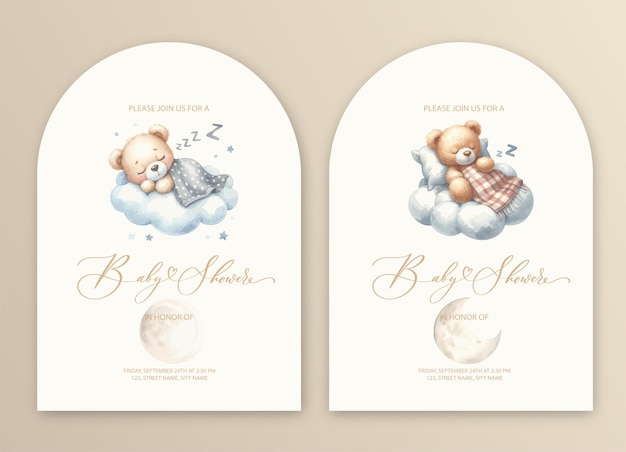 Cute baby shower watercolor invitation with plush teddy bear toy sleep on cloud