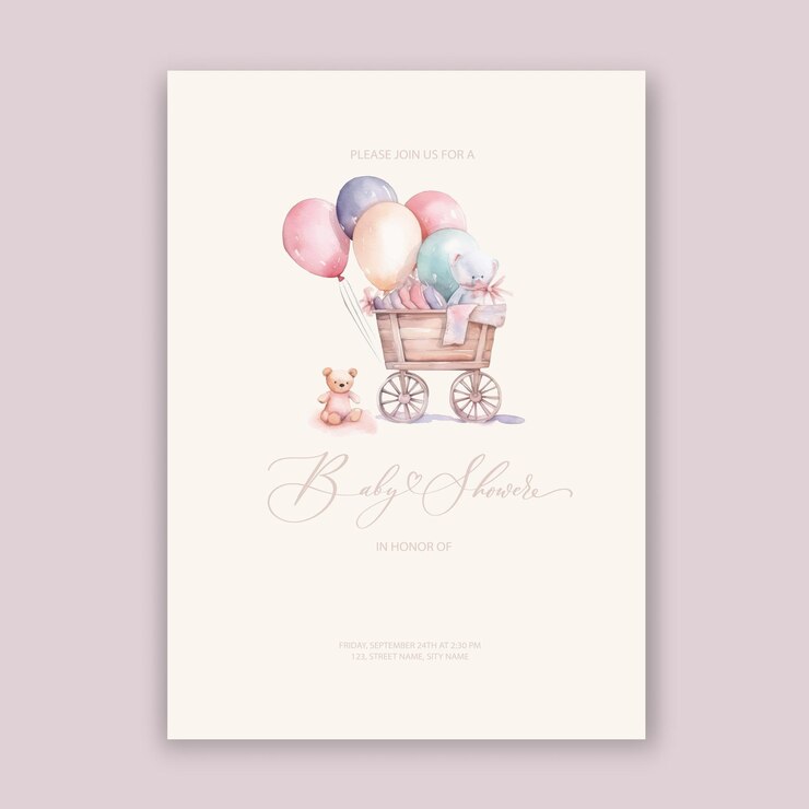 Vector cute baby shower watercolor invitation with toys and balloons