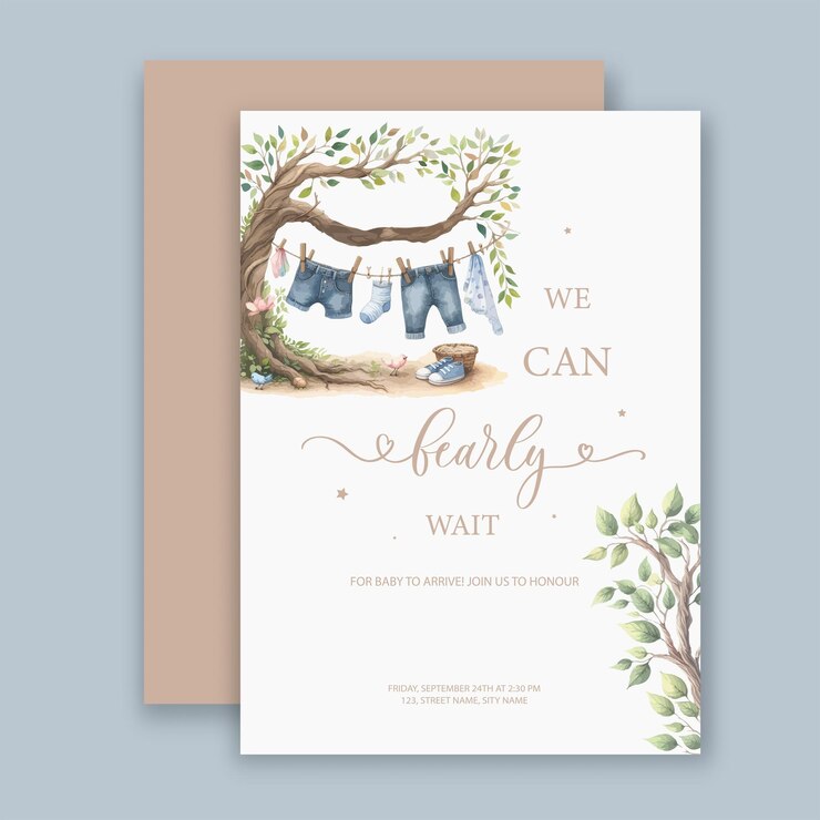 Vector cute baby shower watercolor invitation with tree branch with childrens clothes on a hanger