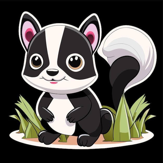 Cute baby skunk sitting in the grass hand drawn cartoon sticker icon concept isolated illustration