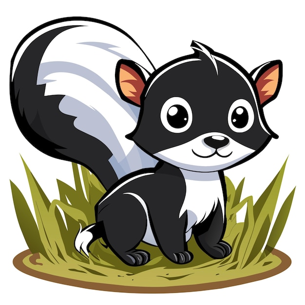 Cute baby skunk sitting in the grass hand drawn cartoon sticker icon concept isolated illustration