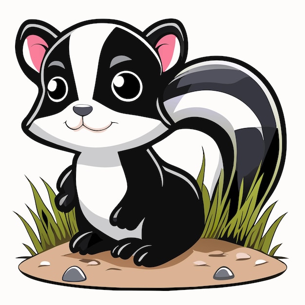 Vector cute baby skunk sitting in the grass hand drawn cartoon sticker icon concept isolated illustration