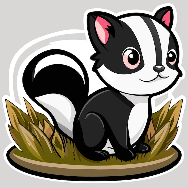 Cute baby skunk sitting in the grass hand drawn cartoon sticker icon concept isolated illustration