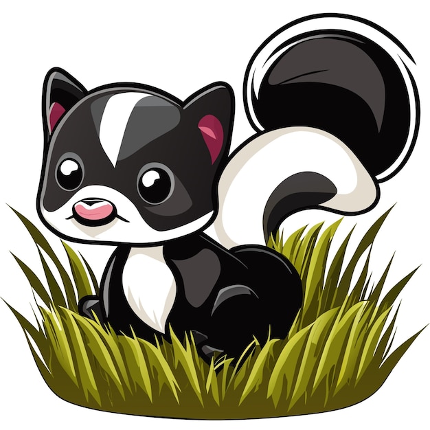 Cute baby skunk sitting in the grass hand drawn cartoon sticker icon concept isolated illustration