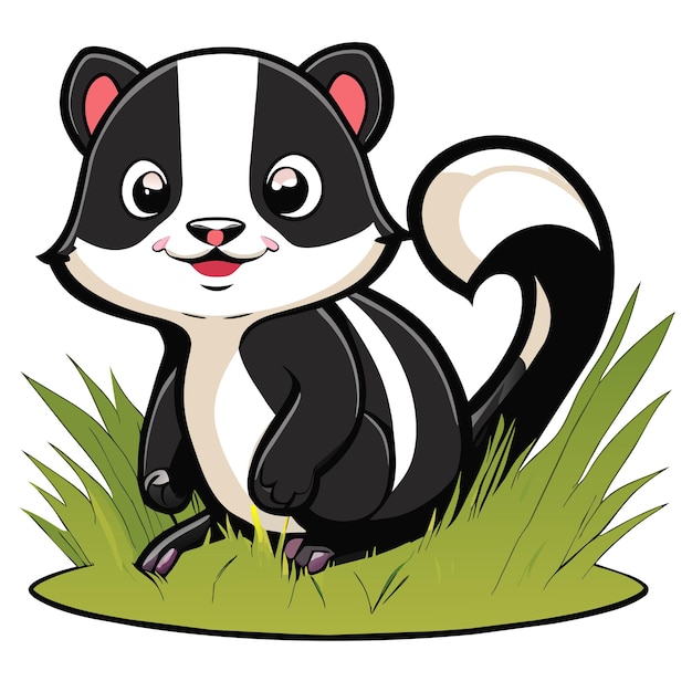 Cute baby skunk sitting in the grass hand drawn cartoon sticker icon concept isolated illustration