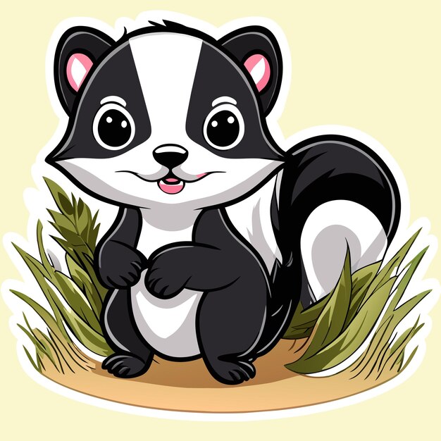 Cute baby skunk sitting in the grass hand drawn cartoon sticker icon concept isolated illustration