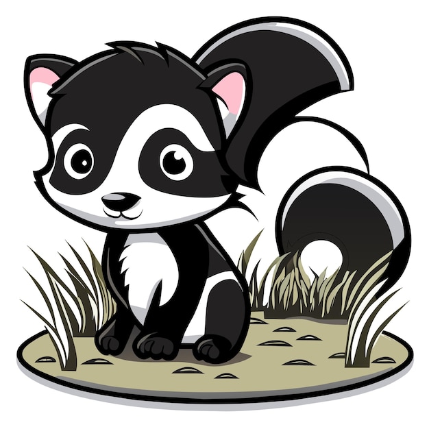 Cute baby skunk sitting in the grass hand drawn cartoon sticker icon concept isolated illustration