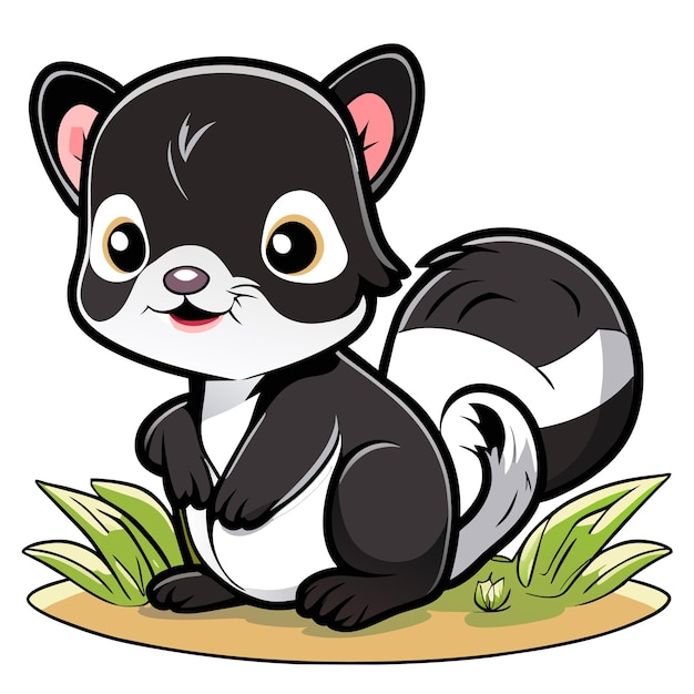 Cute baby skunk sitting in the grass hand drawn cartoon sticker icon concept isolated illustration