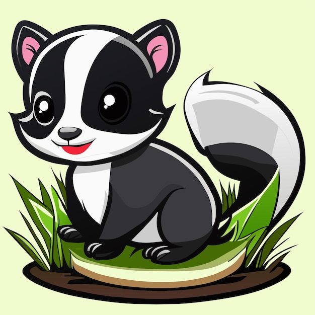 Cute baby skunk sitting in the grass hand drawn cartoon sticker icon concept isolated illustration