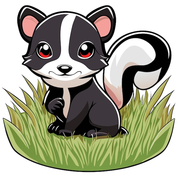 Cute baby skunk sitting in the grass hand drawn cartoon sticker icon concept isolated illustration