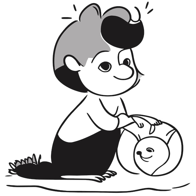 잔디에 앉아있는 귀여운 아기 스<unk>크 손으로 그린 만화 스티커 아이콘 개념 고립된 일러스트레이션