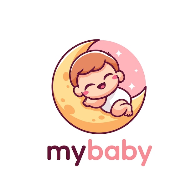 Vector cute baby sleep on the moon logo design