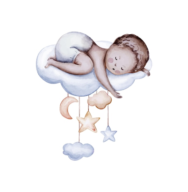 Cute baby sleeping on a cloud Watercolor illustration of baby girl boy in blue