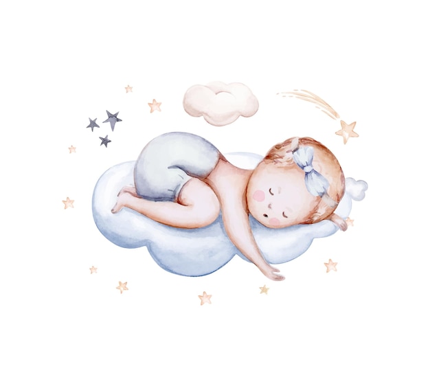 Cute baby sleeping on a cloud Watercolor illustration of baby girl boy in blue