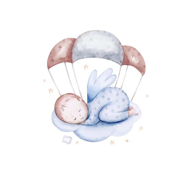 Cute baby sleeping on a cloud Watercolor illustration of baby girl boy in blue