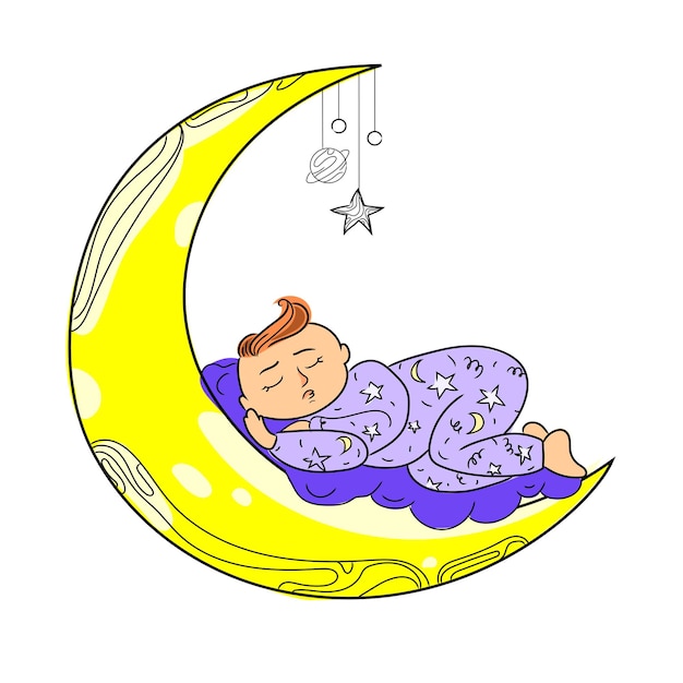 Premium Vector | Cute baby sleeping on the moon vector cartoon ...