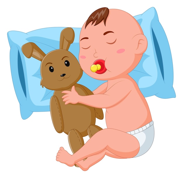 Cute baby sleeping while holding a stuffed rabbit Vector illustration