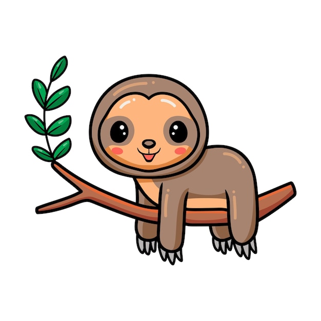 Cute baby sloth cartoon hanging on tree branch
