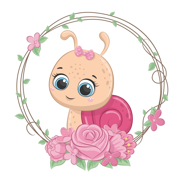 Cute baby snail with wreath. 