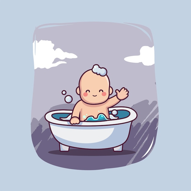 Vector cute baby taking bath cartoon