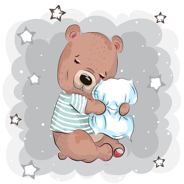 Vector cute baby teddy bear hugging pillow cartoon hand drawn