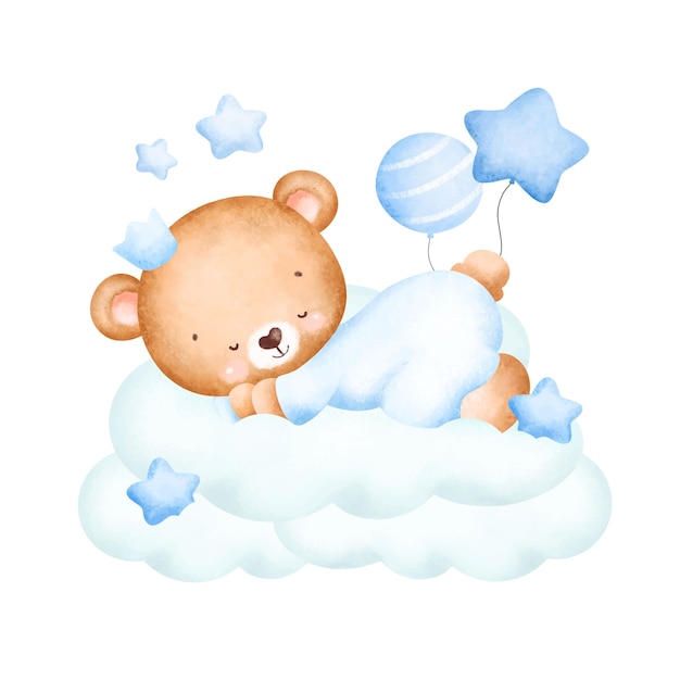 Cute baby teddy bear sleeping on the cloud