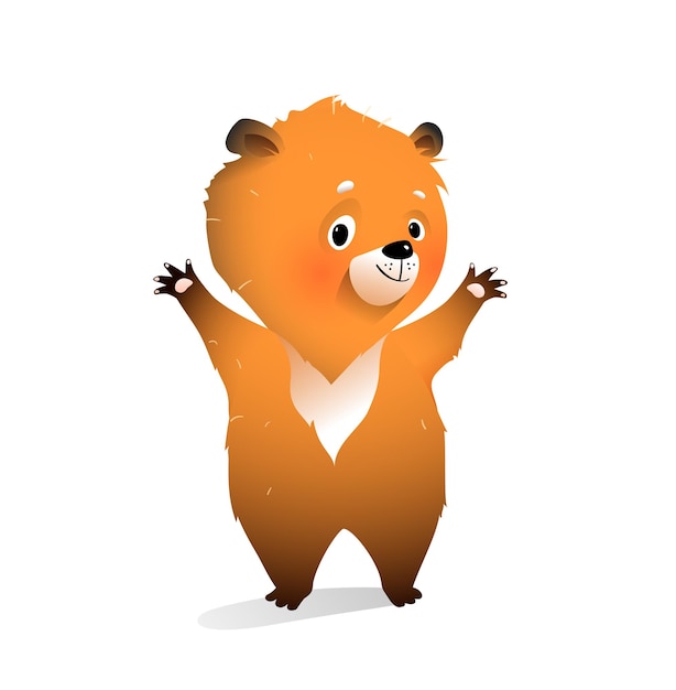 Cute baby teddy bear standing greeting curious animal character for storybook Adorable bear cub smiling happy illustration for children Vector animal character isolated cartoon clip art for kids