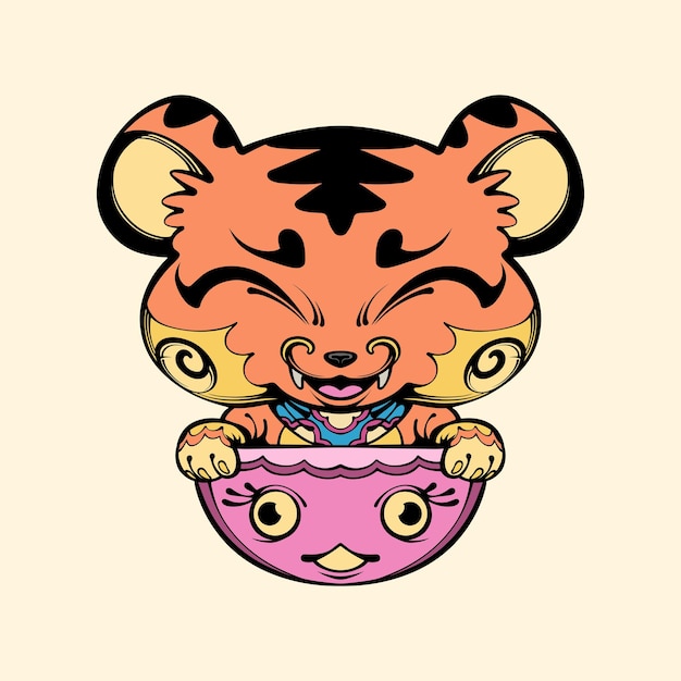 ベクトル かわいい赤ちゃんトラと小鉢