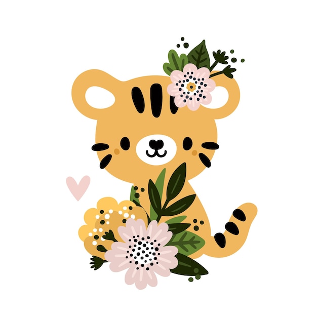 갓 태어난 소년이나 소녀를 위한 꽃이 피는 귀여운 아기 호랑이 동물