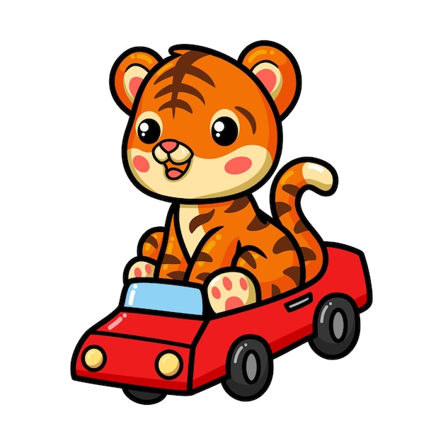 Cute baby tiger cartoon driving red car