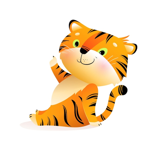 Cute baby tiger character for children sitting and pointing up Playful and colorful animal character design for kids projects Tiger mascot illustration in vibrant colors Vector animal zoo clipart