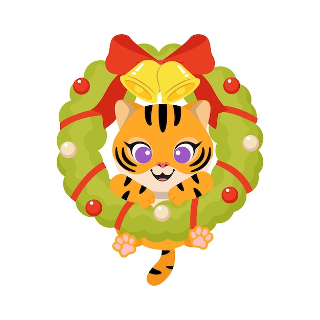 Vector cute baby tiger hanging on christmas wreath decoration