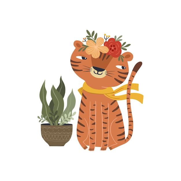 Cute baby tiger illustration and flowers in vase