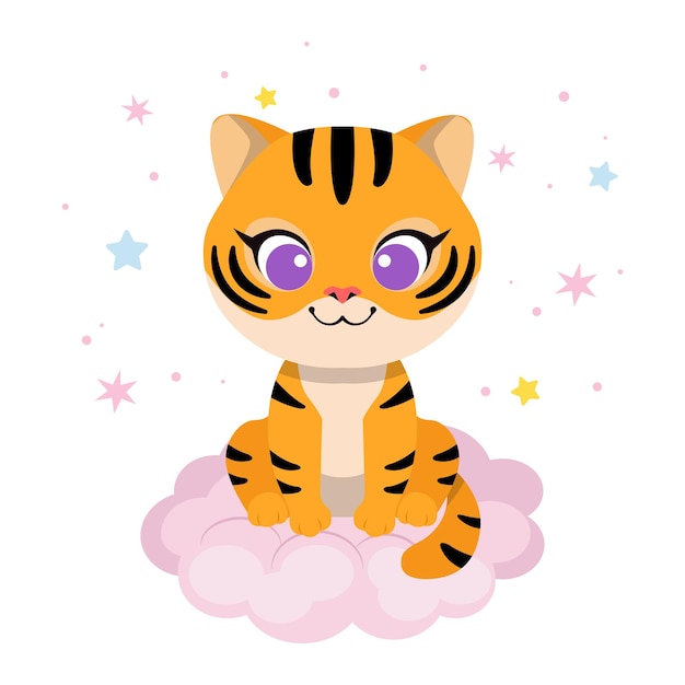 Cute baby tiger sit on the cloud