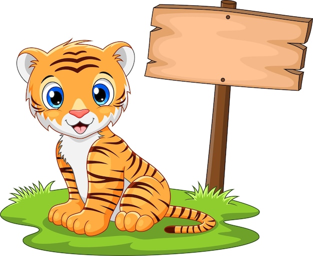 Vector cute baby tiger sitting in front of a blank board