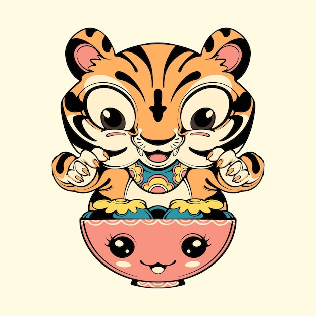 Vector cute baby tiger and small bowl