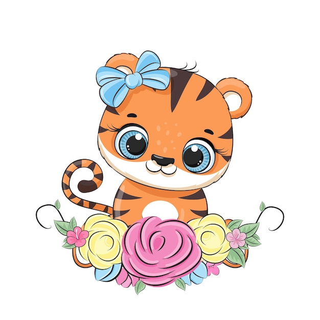 Vector cute baby tiger with floral wreath vector illustration