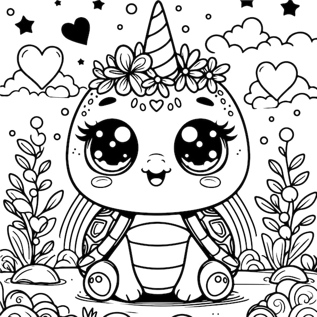Cute baby turtle black outline vector illustration Coloring book for kids