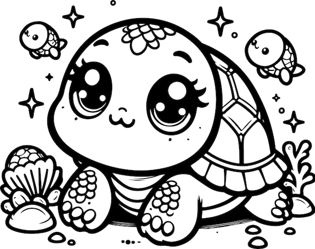 Cute baby turtle black outline vector illustration Coloring book for kids