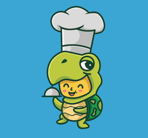かわいい赤ちゃんカメの衣装シェフ料理漫画動物の仕事の概念孤立したイラストフラットスタイル