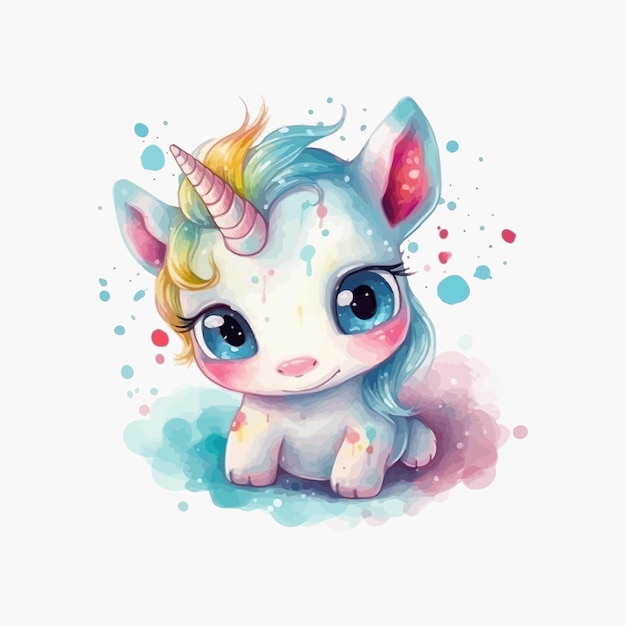 A cute baby unicorn cartoon watercolor white background