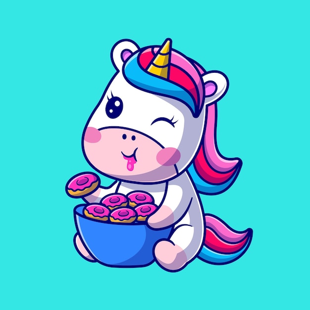 Unicorno sveglio del bambino che mangia l'icona di vettore del fumetto della ciambella. concetto di icona di cibo animale isolato vettore premium. stile cartone animato piatto