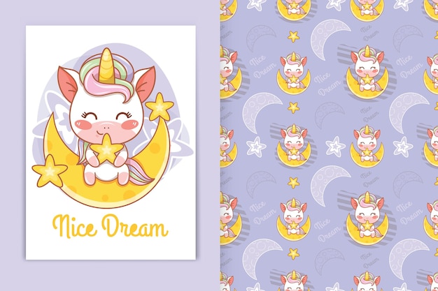 Cute baby unicorn hugging little star cartoon illustration and seamless pattern set