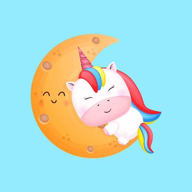 Cute baby unicorn hugging moon cartoon 