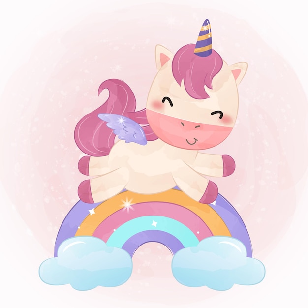 Cute baby unicorn playing with the rainbow