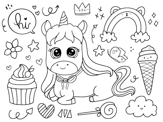 Vector cute baby unicorn sitting with cupcake doodle drawing coloring page illustration