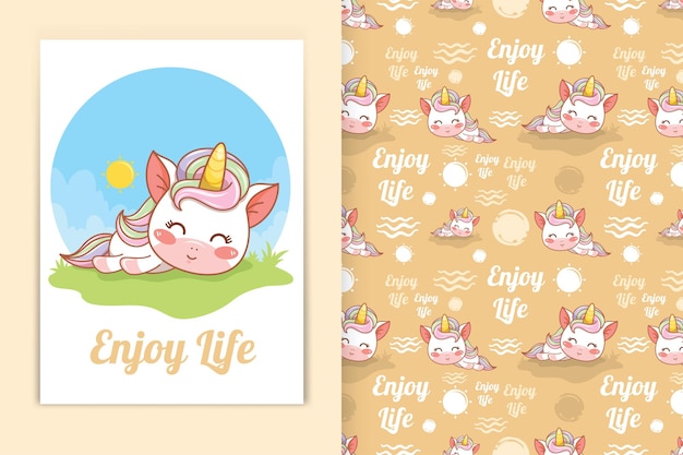 Cute baby unicorn sleep cartoon illustration and seamless pattern set