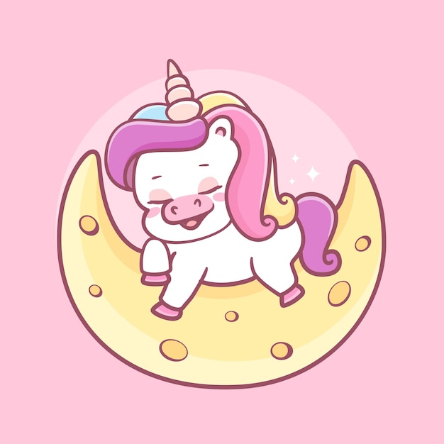 Cute baby unicorn sleep on the moon cartoon